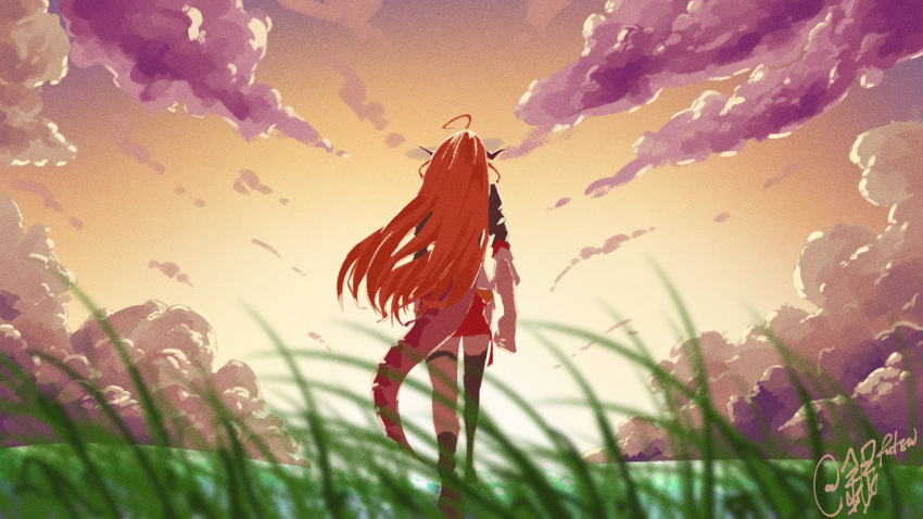 1girl ahoge asymmetrical_legwear back clenched_hand clouds commentary dragon_girl dragon_horns dragon_tail ginfutsuu grass highres hololive horns kiryu_coco long_hair orange_hair outdoors red_skirt side-tie_skirt side_slit signature single_thighhigh skirt solo sunset tail thigh-highs thigh_strap walking_away wavy_hair