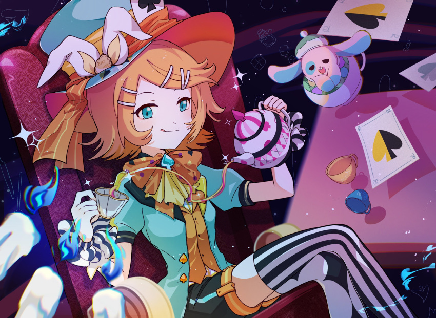 1girl :q absurdres ace_of_spades animal animal_ears aqua_eyes aqua_jacket black_shorts blonde_hair bow bowtie card chair commentary crossed_legs cup gloves highres holding holding_teapot jacket kagamine_rin looking_at_viewer neckerchief orange_neckwear orange_vest playing_card pouring project_sekai rabbit_ears scrunchie short_hair shorts single_glove sitting star_(sky) starry_background striped striped_legwear table teacup teapot thigh-highs tongue tongue_out vest vocaloid white_gloves wrist_scrunchie xuxu_(02rinrinlove) yellow_neckwear