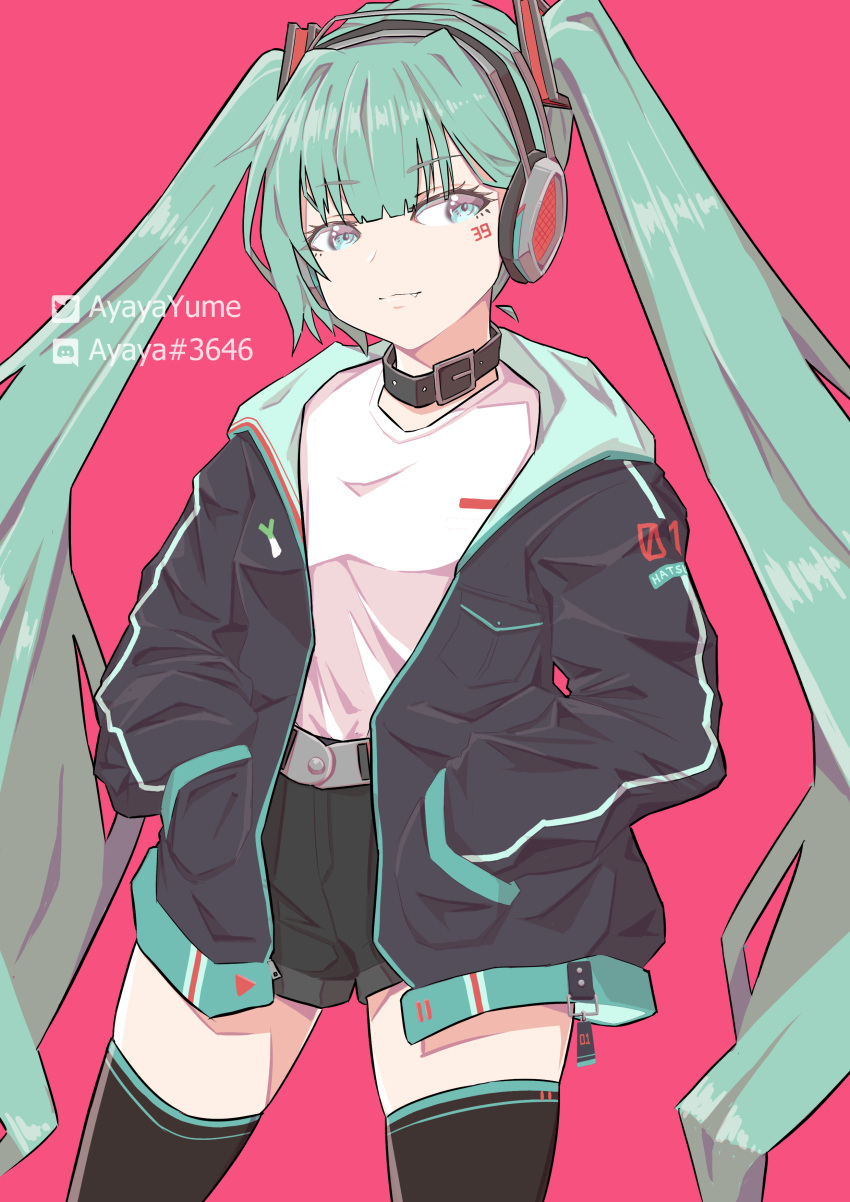 1girl 39 :3 absurdres aqua_eyes aqua_hair belt belt_collar black_jacket black_shorts character_name collar cowboy_shot discord_tag facial_tattoo hair_ornament hands_in_pockets hatsune_miku headphones highres jacket long_hair red_background shirt short_shorts shorts sideways_glance sinyamato96 skindentation smile solo spring_onion tattoo twintails twitter_username very_long_hair vocaloid white_shirt