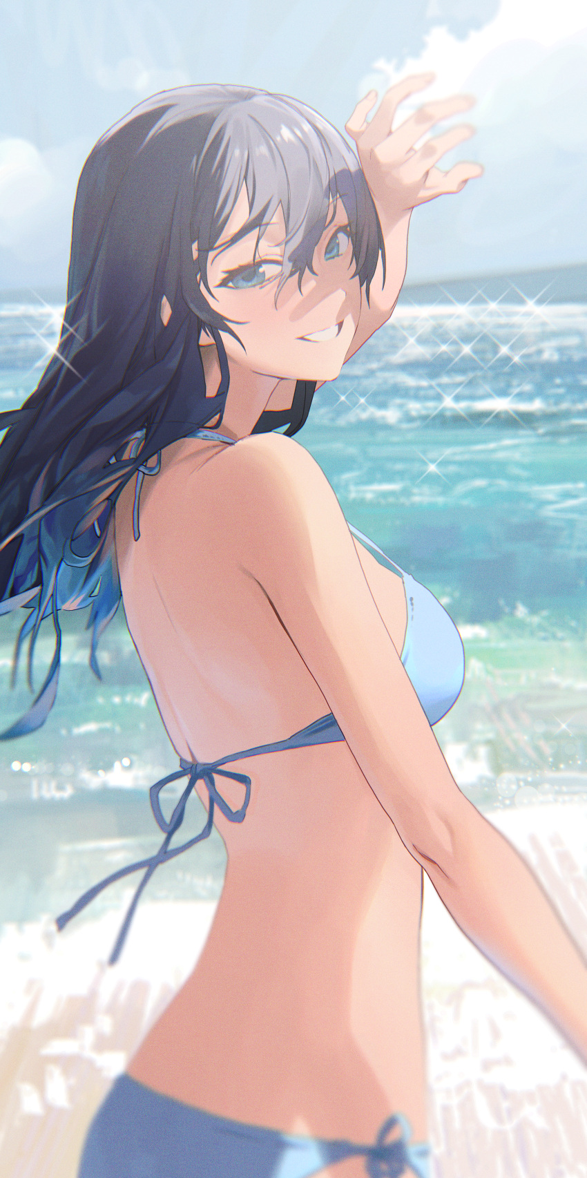1girl absurdres acrylicstroke back bare_arms beach bikini blue_bikini blue_eyes blue_hair blue_sky breasts character_request clouds copyright_request hair_between_eyes hand_up highres huge_filesize long_hair looking_at_viewer ocean outdoors sky solo standing sunlight swimsuit