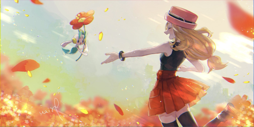 1girl black_legwear black_shirt blonde_hair blurry bracelet closed_eyes commentary_request day floating_hair floette gen_6_pokemon hanenbo hat highres jewelry long_hair open_mouth outdoors outstretched_arm petals pink_headwear pleated_skirt pokemon pokemon_(creature) pokemon_(game) pokemon_xy red_skirt serena_(pokemon) shirt signature skirt sleeveless sleeveless_shirt smile thigh-highs tied_hair