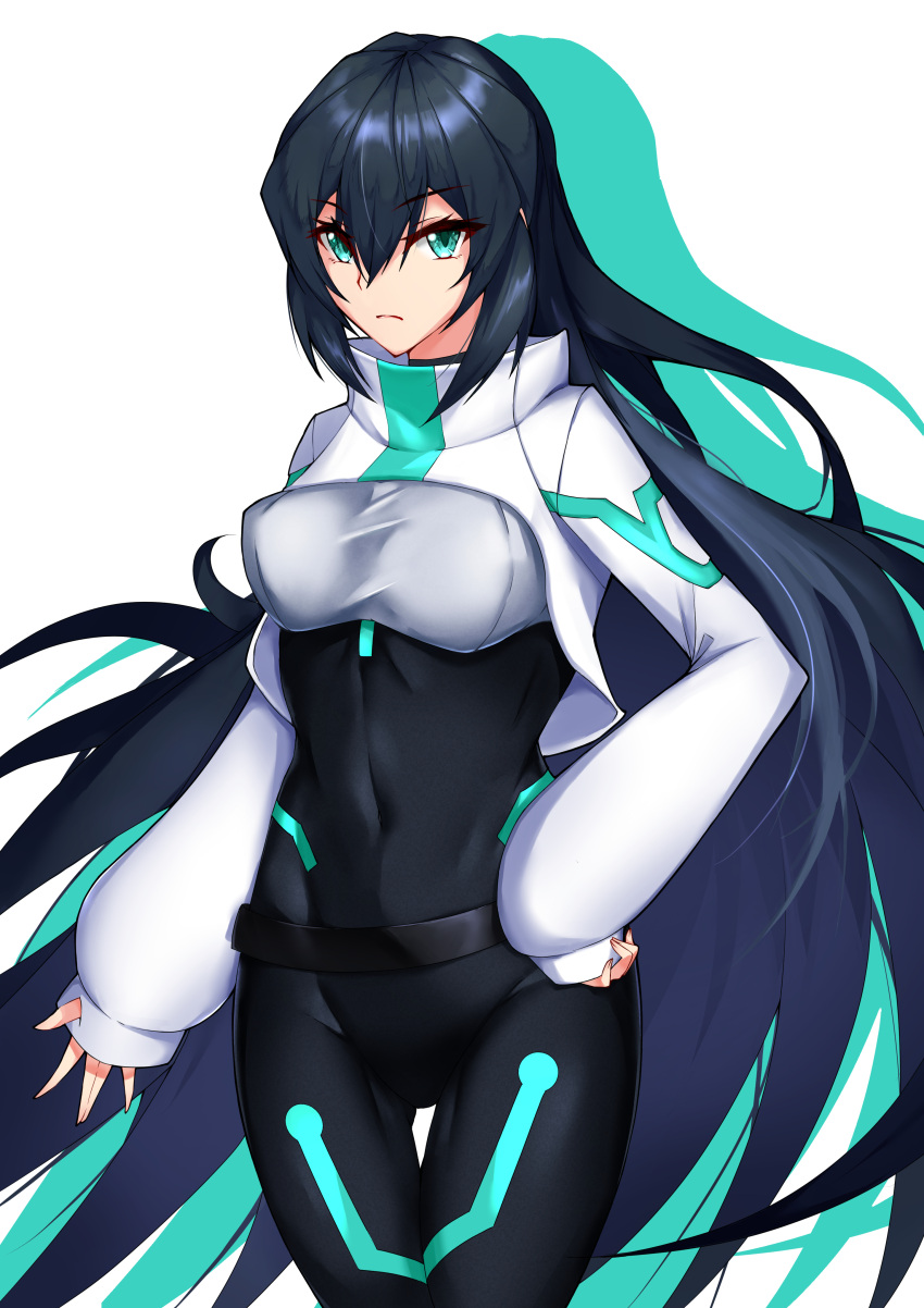 1girl absurdres bangs black_bodysuit bodysuit breasts clenched_hand colored_shadow covered_navel eyebrows_visible_through_hair frown green_eyes gundam gundam_build_divers gundam_build_divers_re:rise hair_between_eyes highres kurosaki_saya long_hair may_(gundam_build_divers_re:rise) medium_breasts open_hand shadow shrug_(clothing) sleeves_past_wrists solo thigh_gap very_long_hair white_background