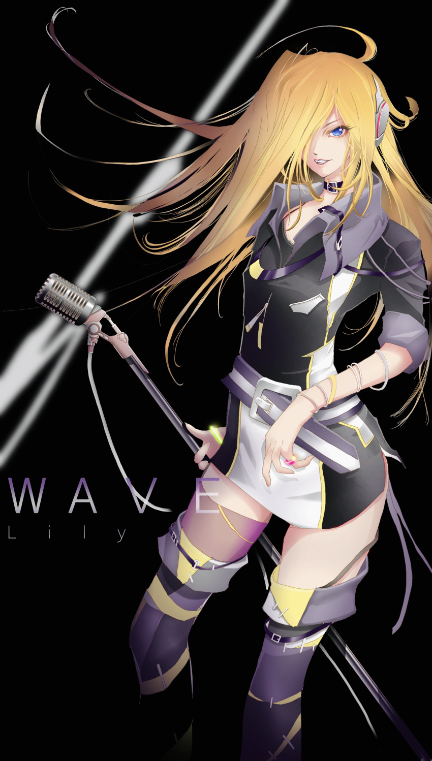 1girl absurdres belt_collar black_background black_shirt blonde_hair blue_eyes bracelet character_name collar commentary grin hair_over_one_eye headphones highres jewelry lily_(vocaloid) lips long_hair microphone microphone_stand miniskirt one_eye_covered pyslznqo1i9irqg ring shirt skirt smile solo thigh-highs two-tone_shirt two-tone_skirt very_long_hair vocaloid