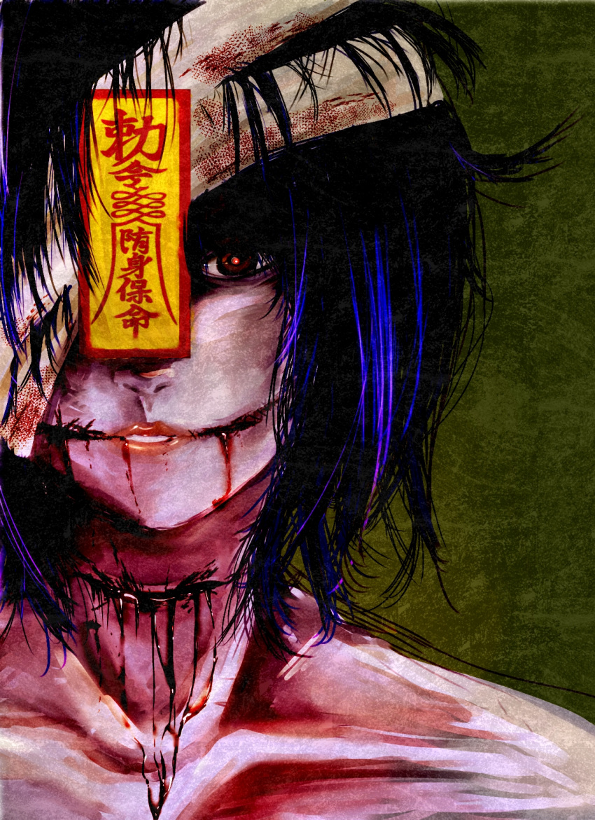 1girl bandage_over_one_eye bandaged_head bandages bangs blood blood_from_mouth collarbone commentary_request cuts green_background hair_between_eyes hair_over_one_eye highres injury jiangshi lips looking_at_viewer miyako_yoshika ofuda parted_lips purple_hair red_eyes short_hair slit_throat solo stitched_mouth stitches toa_(kitakaze_setsuna) touhou