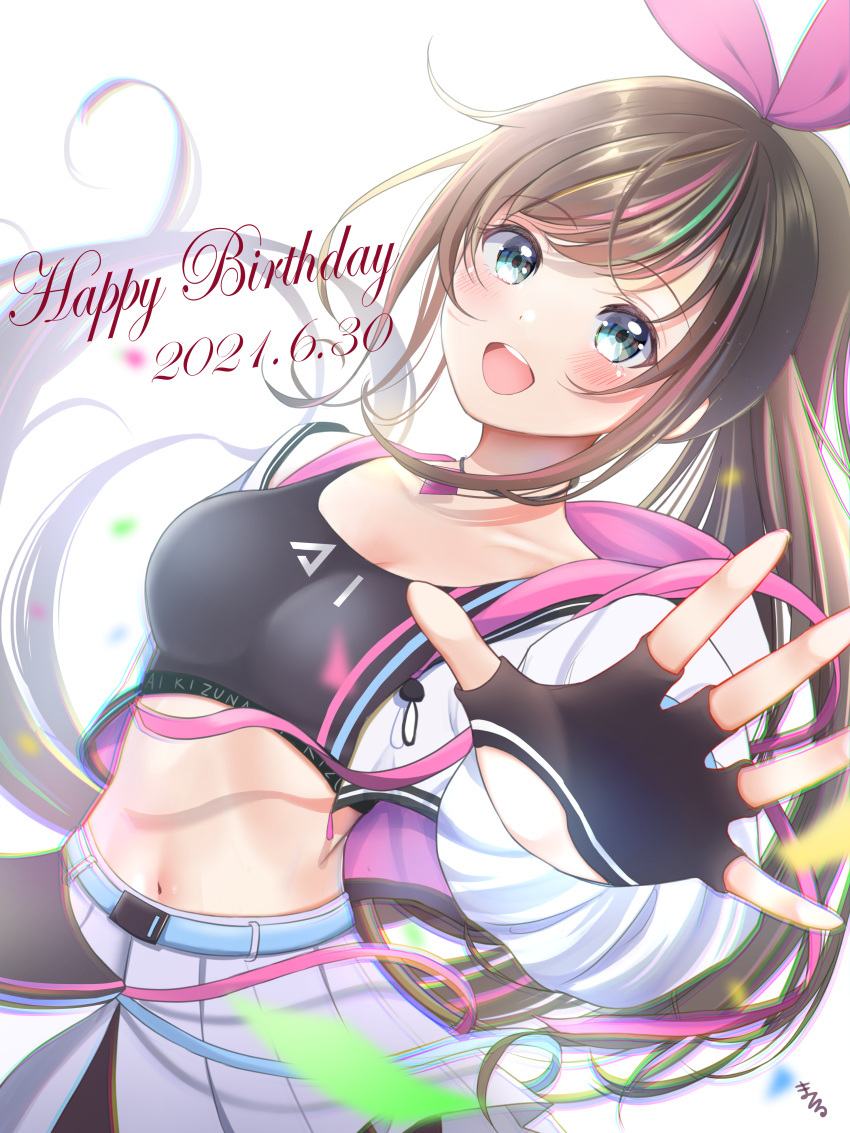 1girl :d absurdres bangs black_gloves black_sports_bra blue_eyes blush bow breasts brown_hair chromatic_aberration collarbone commentary_request cowboy_shot cropped_jacket dated eyebrows_visible_through_hair fingerless_gloves gloves green_hair hairband happy_birthday highres hood hood_down hooded_jacket jacket kizuna_ai kizuna_ai_inc. long_hair long_sleeves looking_at_viewer materu_2532 medium_breasts midriff multicolored_hair navel open_clothes open_hand open_jacket open_mouth pink_hair pink_hairband sidelocks signature simple_background skirt smile solo sports_bra standing streaked_hair swept_bangs upper_teeth virtual_youtuber white_background white_jacket white_skirt