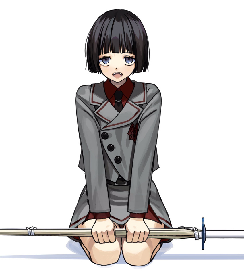 1girl bangs bare_legs black_eyes black_hair black_neckwear buttons collared_shirt commentary_request eyebrows_visible_through_hair fangs grey_jacket grey_skirt hands_on_own_knees highres jacket kendo long_sleeves looking_at_viewer necktie ningiyau open_mouth original red_shirt school_uniform seiza shinai shirt short_hair simple_background sitting skirt solo sword weapon white_background