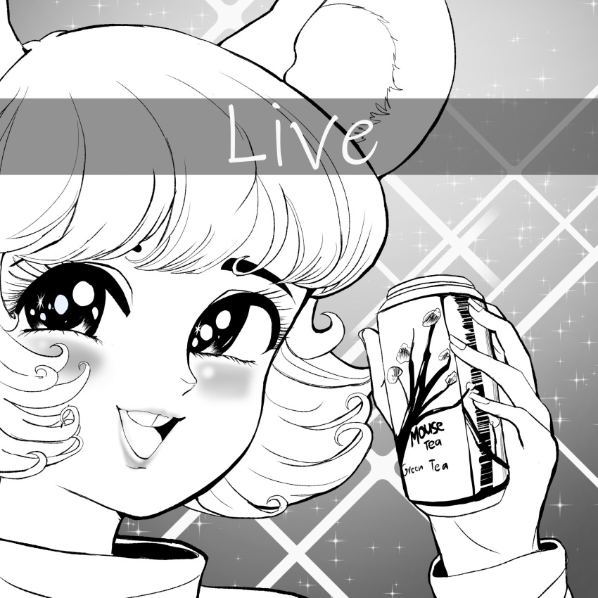 1girl animal_ears arizona_(drink) bangs blush can commentary english_commentary english_text face franzj greyscale highres holding holding_can looking_at_viewer meme monochrome mouse_ears nazrin open_mouth parody short_hair smile snapchat solo sparkling_eyes step_arts style_parody touhou
