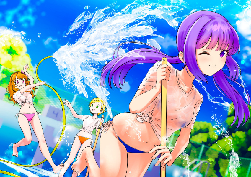 3girls :o ;) aikatsu! aikatsu!_(series) bangs bare_arms bare_legs bikini bikini_under_clothes blonde_hair blue_bikini blue_sky blunt_bangs blurry blurry_background bow braid broom chain-link_fence cleaning close-up clouds cloudy_sky collarbone commentary_request crown_braid day dutch_angle empty_pool eyebrows_visible_through_hair fence floating_hair front_braid green_eyes hair_bow hair_ornament hair_up herohero_illust highres hikami_sumire hime_cut holding holding_broom hose leg_up long_hair low-tied_long_hair low_twintails midair midriff multiple_girls navel one_eye_closed oozora_akari open_mouth orange_bikini orange_hair pink_bikini pink_bow pink_eyes pool purple_hair see-through shinjou_hinaki shirt short_hair short_sleeves side-tie_bikini sky smile solo_focus splashing star_(symbol) star_hair_ornament stomach string_bikini surprised sweatdrop swimsuit tied_shirt tree tripping twintails violet_eyes water wet wet_clothes wet_shirt white_shirt