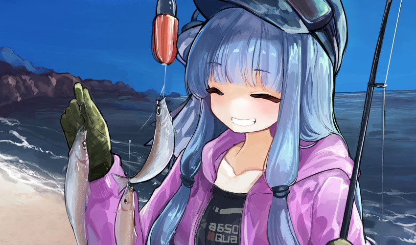 1girl bangs beach black_shirt blue_hair blunt_bangs closed_eyes collarbone commentary fish fishing_rod gloves goggles goggles_on_headwear green_gloves grin hat highres holding holding_fishing_rod hood hoodie kotonoha_aoi long_hair microa ocean outdoors purple_hoodie shirt sidelocks smile solo upper_body voiceroid