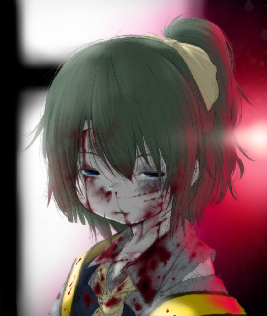 1girl bangs blood blood_on_face bloody_clothes blue_eyes blue_vest bow bruise bruise_on_face colored_skin commentary_request cookie_(touhou) cuts daiaa_nisei daiyousei diyusi_(cookie) green_hair hair_between_eyes hair_bow high-visibility_vest highres injury looking_at_viewer medium_hair open_mouth ponytail portrait shirt skirt solo torn_clothes torn_shirt touhou vest white_shirt white_skin yellow_bow yellow_neckwear