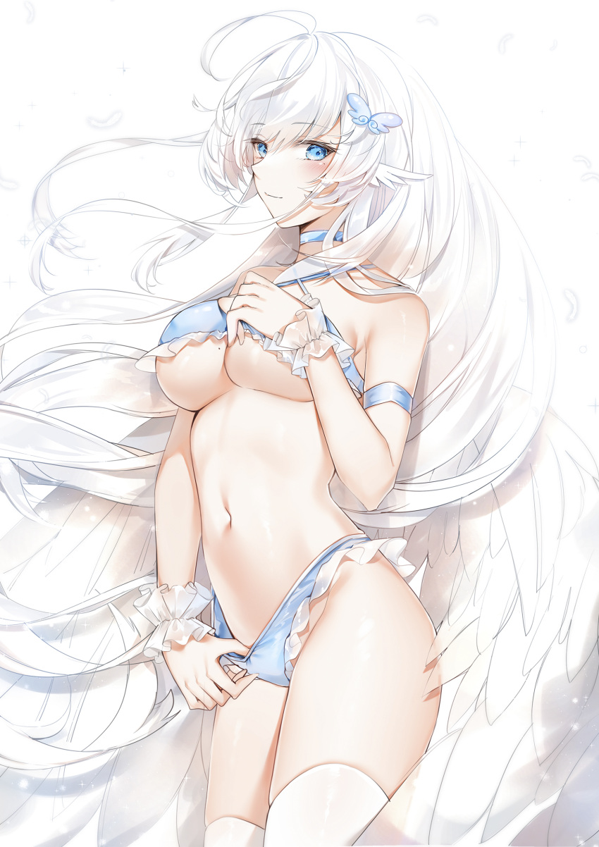 1girl ahoge angel angel_wings armband bangs bikini blue_bikini blue_eyes blush breasts butterfly_hair_ornament choker commentary eyebrows_visible_through_hair feathered_wings feathers frilled_bikini frills hair_ornament highres long_hair looking_at_viewer navel original sidelocks simple_background solo swimsuit thigh-highs thighs under_boob very_long_hair white_background white_hair white_legwear wings yukineko1018