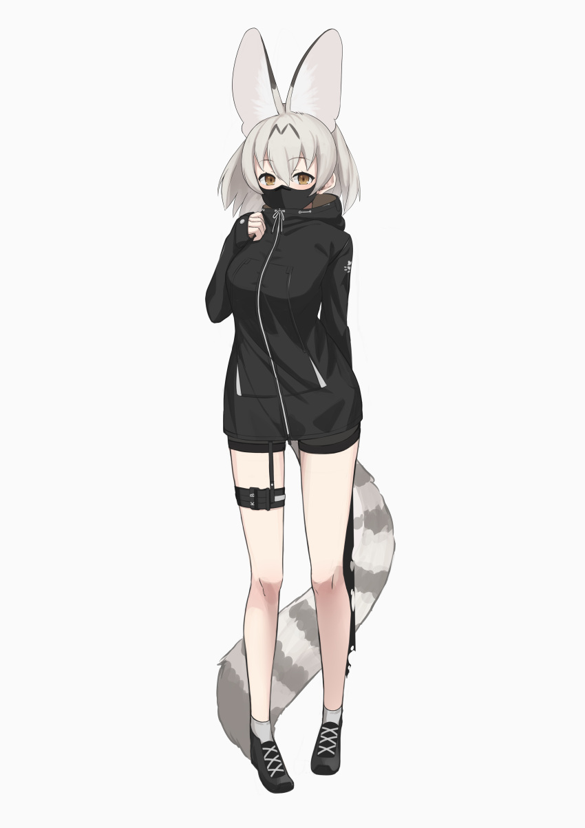 1girl absurdres alternate_costume animal_ears arm_behind_back bangs black_hoodie breasts brown_eyes deku_suke extra_ears eyebrows_visible_through_hair full_body grey_hair hair_between_eyes hand_on_own_chest highres hood hood_down hoodie kemono_friends long_sleeves looking_at_viewer mask medium_breasts medium_hair mouth_mask serval_ears serval_tail shoes simple_background sleeves_past_wrists solo striped_tail tail thigh_strap white_background white_serval_(kemono_friends)