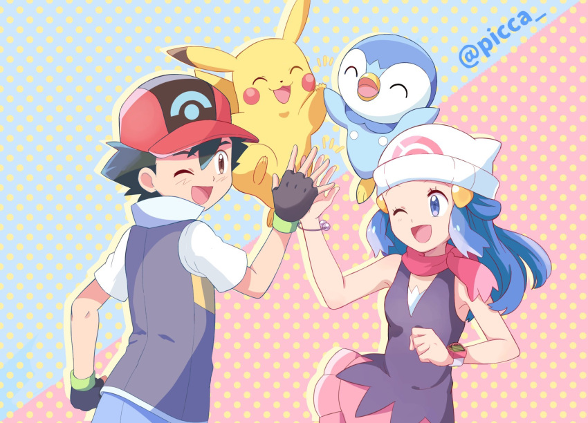 1boy 1girl ;d ash_ketchum bangs baseball_cap beanie black_hair blue_eyes blue_hair bracelet brown_eyes commentary_request hikari_(pokemon) eyelashes fingerless_gloves gen_1_pokemon gen_4_pokemon gloves hair_between_eyes hair_ornament hairclip hat high_five highres jacket jewelry mei_(maysroom) one_eye_closed open_mouth pikachu pink_scarf pink_skirt piplup pokemon pokemon_(anime) pokemon_(creature) pokemon_dppt_(anime) red_headwear scarf shirt short_hair short_sleeves skirt sleeveless sleeveless_shirt smile starter_pokemon tongue twitter_username white_headwear