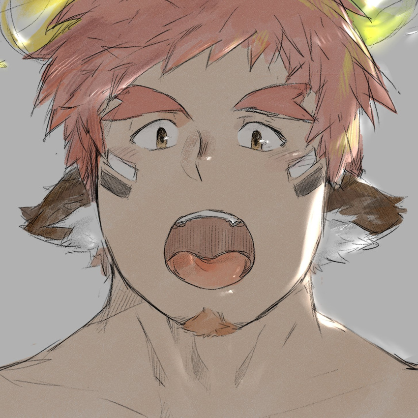 1boy animal_ear_fluff animal_ears blush brown_eyes brown_hair cow_boy cow_ears cow_horns face facial_hair facial_mark fiery_horns forked_eyebrows glowing_horns goatee highres horns looking_at_viewer male_focus onyu_(a52183171) open_mouth portrait short_hair solo spiky_hair teeth thick_eyebrows tokyo_houkago_summoners tongue upper_body wakan_tanka