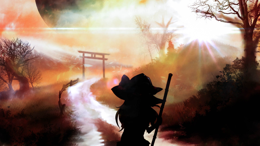 1girl akyuun bare_tree broom diffraction_spikes english_commentary engrish_commentary fog from_behind full_moon hat highres hill holding holding_broom kirisame_marisa landscape moon red_sky road scenery silhouette sky solo sunlight torii touhou tree witch_hat