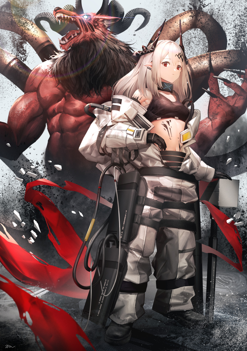 1girl absurdres arknights bangs bare_shoulders black_collar black_footwear black_gloves boots breasts collar commentary crop_top full_body gloves grey_background hammer highres horns huge_filesize infection_monitor_(arknights) long_hair looking_at_viewer midriff mudrock_(arknights) navel off_shoulder oripathy_lesion_(arknights) planted pointy_ears red_eyes silver_hair small_breasts solo sports_bra standing stomach weapon xin_(xin)