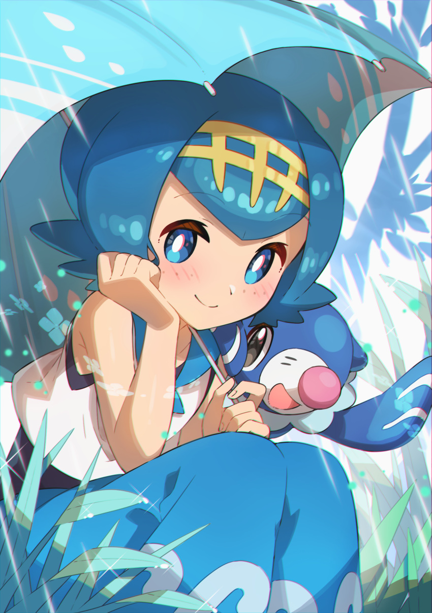 1girl absurdres bare_arms blue_eyes blue_hair blue_pants blue_umbrella blush bright_pupils closed_mouth collared_shirt commentary_request eyebrows_visible_through_hair freckles gen_7_pokemon hairband highres holding holding_umbrella lana_(pokemon) looking_at_viewer no_sclera pants pokemon pokemon_(anime) pokemon_(creature) pokemon_sm_(anime) popplio shirt short_hair sleeveless sleeveless_shirt smile starter_pokemon swimsuit swimsuit_under_clothes taisa_(lovemokunae) umbrella white_pupils white_shirt yellow_hairband