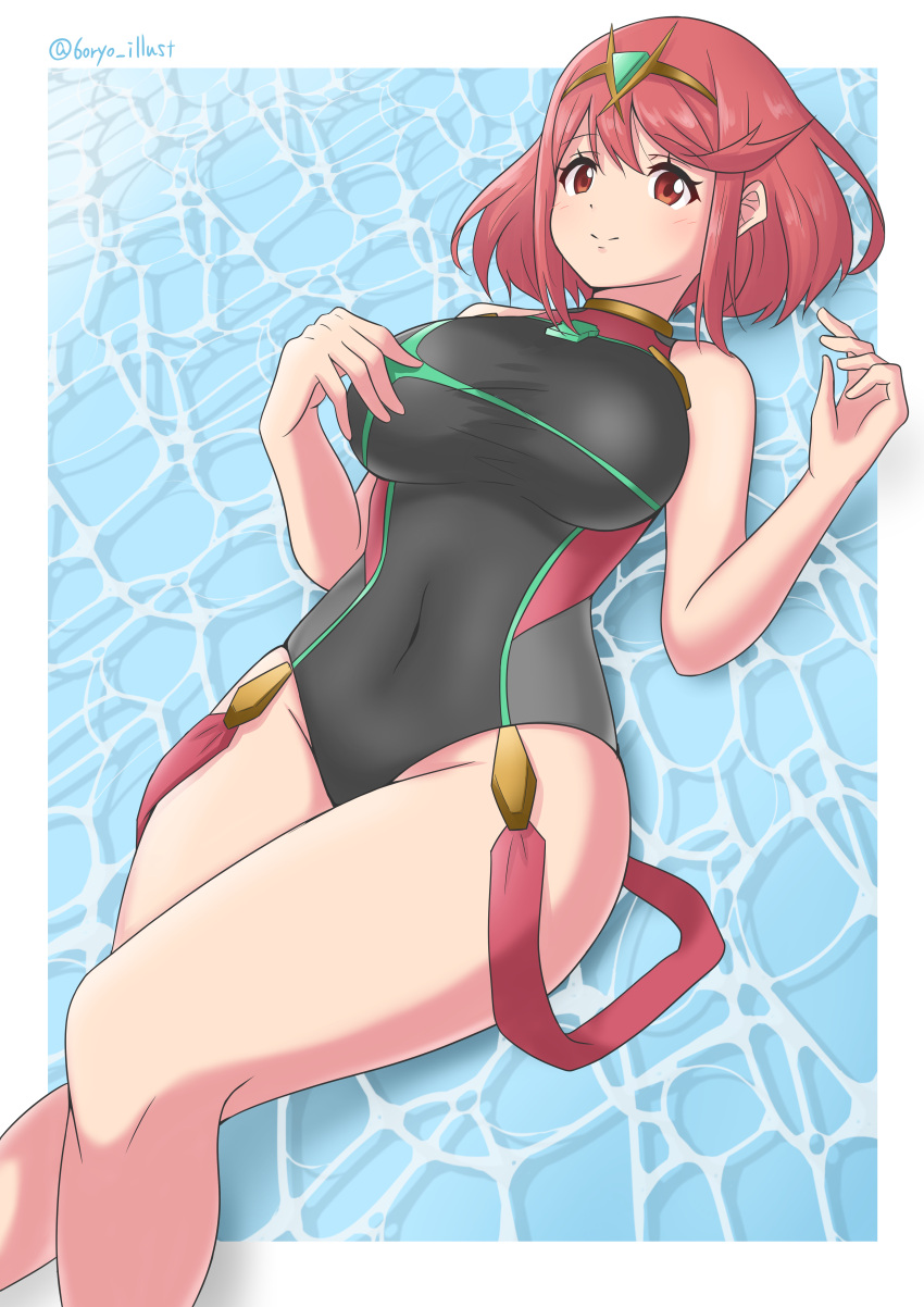 1girl absurdres bangs black_swimsuit breasts chest_jewel competition_swimsuit covered_collarbone headpiece highres large_breasts one-piece_swimsuit pyra_(pro_swimmer)_(xenoblade) pyra_(xenoblade) red_eyes red_swimsuit redhead ryochan96154 short_hair strapless strapless_swimsuit swept_bangs swimsuit two-tone_swimsuit xenoblade_chronicles_(series) xenoblade_chronicles_2