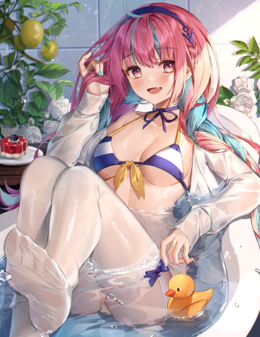 1girl :d ahoge ass bare_shoulders bathing bathtub bikini blue_hair blue_nails braid breasts choker clothed_bath fang feet front-tie_bikini front-tie_top hairband halter_top halterneck hand_up highres hololive knees_up long_hair looking_at_viewer medium_breasts minato_aqua minttchocok multicolored_hair nail_polish no_shoes off_shoulder open_clothes open_mouth open_shirt pink_eyes pink_hair purple_choker ribbon_choker rubber_duck shirt smile solo streaked_hair string_bikini swimsuit thigh-highs two-tone_hair virtual_youtuber water white_legwear white_shirt