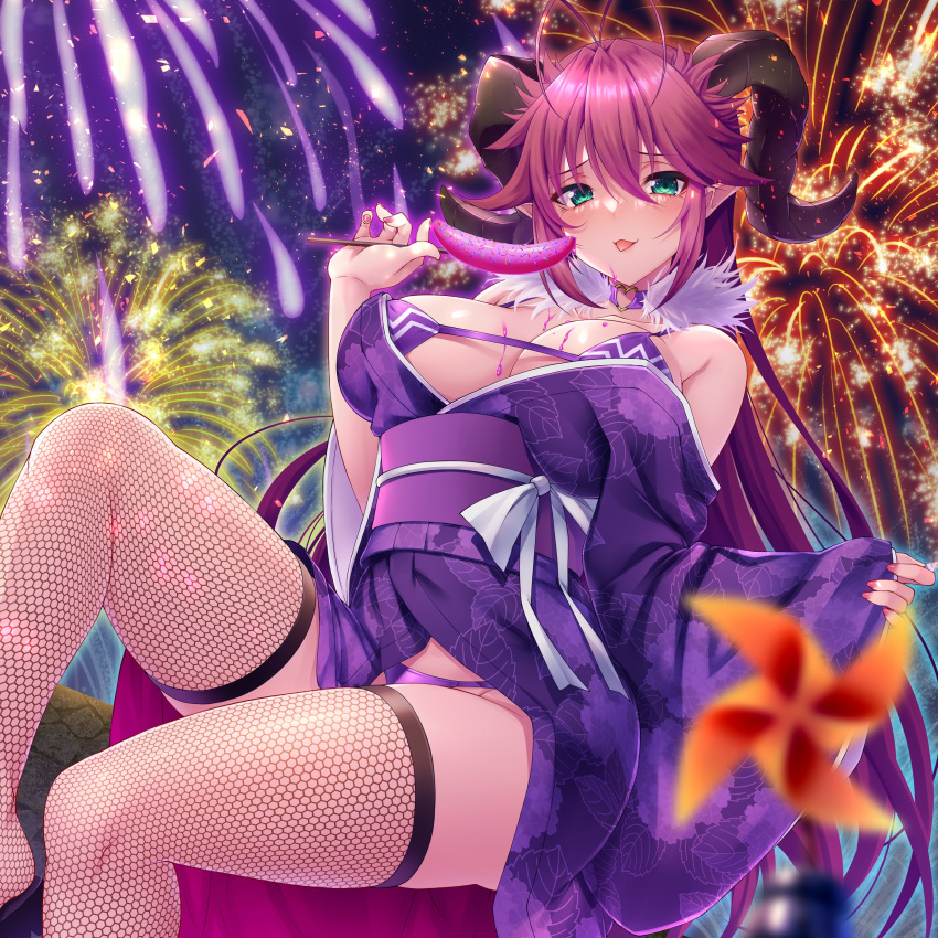 1girl absurdres ahoge asmodeus_(the_seven_deadly_sins) banana bangs bare_shoulders breasts emanon123 eyebrows_behind_hair eyebrows_visible_through_hair fireworks fishnet_legwear fishnets food fruit green_eyes hair_between_eyes highres holding horns japanese_clothes kimono large_breasts long_hair looking_at_viewer megami_magazine official_art open_mouth purple_hair sitting smile solo summer_festival the_seven_deadly_sins thigh-highs