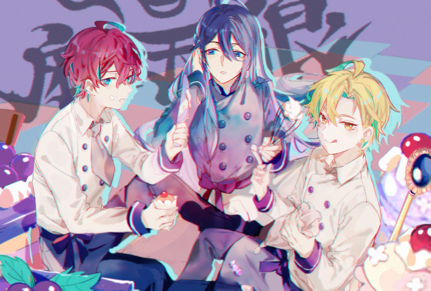 3boys :q adjusting_hair ahoge apron aqua_eyes aqua_hair bangs black_apron black_pants blonde_hair blue_eyes buttons cake cake_slice candy checkered checkered_background commentary cream cream_on_face cupcake earrings feet_out_of_frame food food_on_face green_hair grey_neckwear hand_up holding holding_food holding_knife holding_whisk hypnosis_mic izanami_hifumi jewelry jinguuji_jakurai kannonzaka_doppo kanose knife long_hair looking_at_another male_focus matenrou_(hypnosis_mic) multicolored_hair multiple_boys necktie pants parted_bangs parted_lips pastry_bag purple_apron purple_background purple_hair purple_shirt purple_theme redhead shirt short_hair sitting streaked_hair surprised tongue tongue_out very_long_hair waist_apron white_pants white_shirt yellow_eyes