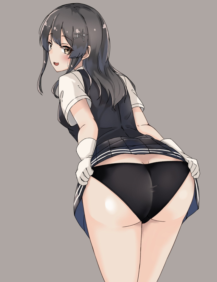 1girl ass black_hair black_panties black_skirt black_vest brown_eyes clothes_lift commentary_request cowboy_shot dress_shirt from_behind gloves grey_background hair_ornament hairclip highres kantai_collection leaning_forward looking_at_viewer looking_back open_mouth oyashio_(kancolle) panties pleated_skirt school_uniform shirt short_sleeves simple_background skirt skirt_lift solo underwear vest wasumi_kei white_gloves white_shirt