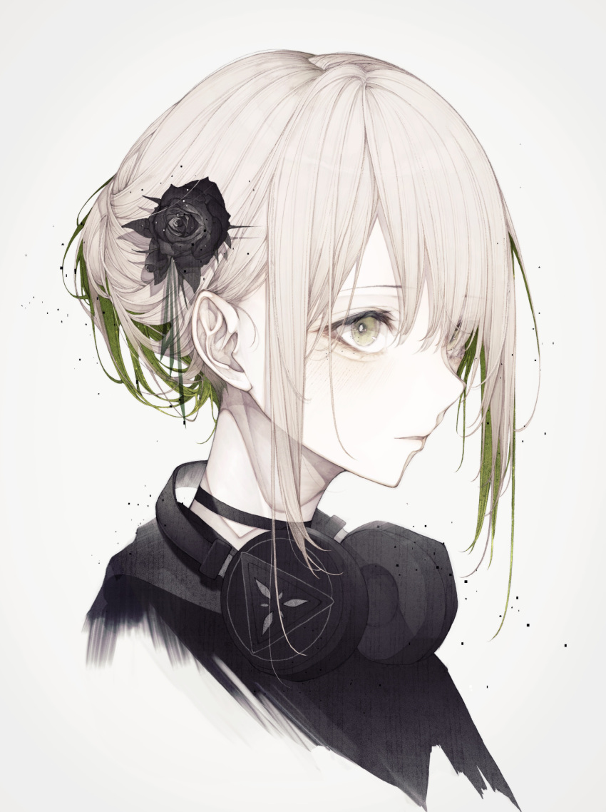 1girl absurdres bangs black_flower black_rose blonde_hair closed_mouth commission cropped_shoulders eyebrows_visible_through_hair flower from_side green_eyes green_hair grey_background hair_flower hair_ornament head headphones headphones_around_neck highres hito_komoru multicolored_hair original portrait rose short_hair skeb_commission solo two-tone_hair