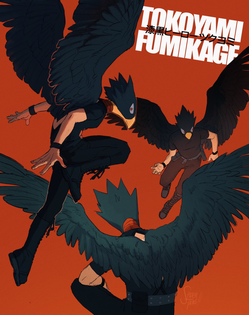 1boy animal_head artist_name back_cutout beak belt belt_pouch bird_boy black_footwear black_pants black_shirt black_wings boku_no_hero_academia boots character_name clothing_cutout commentary cross-laced_footwear english_commentary facing_away feathered_wings fingernails highres knee_boots lace-up_boots leg_up looking_at_viewer male_focus multiple_views pants pouch red_background red_eyes shirt short_sleeves sitting spidertams t-shirt tokoyami_fumikage wings wristband