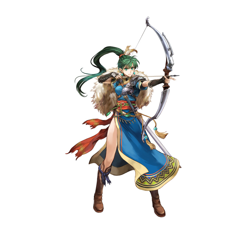 1girl absurdres aqua_eyes armor arrow_(projectile) bangs belt boots bow_(weapon) breasts brown_footwear cape closed_mouth earrings elbow_gloves feathers fingerless_gloves fire_emblem fire_emblem:_the_blazing_blade fire_emblem_heroes full_body fur_trim gloves green_hair hair_ornament high_ponytail highres holding holding_bow_(weapon) holding_weapon jewelry knee_boots long_hair looking_away lyn_(fire_emblem) medium_breasts official_art sheath sheathed shoulder_armor shoulder_pads side_slit simple_background solo standing wada_sachiko weapon white_background