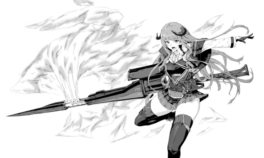 1girl arknights bagpipe_(arknights) bangs commentary frown gloves greyscale gun highres holding holding_gun holding_weapon horns huge_weapon jacket lanyard leg_up long_hair long_sleeves looking_at_viewer miniskirt monochrome open_mouth plaid plaid_skirt pleated_shirt skirt smoke solo standing standing_on_one_leg thigh-highs thigh_strap tsukira_(amayadori) weapon