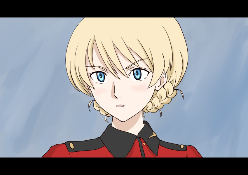 1girl bangs blonde_hair blue_eyes braid commentary darjeeling_(girls_und_panzer) eyebrows_visible_through_hair frown girls_und_panzer jacket letterboxed looking_to_the_side military military_uniform mito_(mitotank) open_mouth portrait red_jacket short_hair solo st._gloriana's_military_uniform tied_hair twin_braids uniform