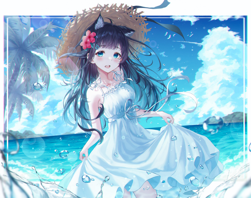 1girl absurdres animal_ear_fluff animal_ears bangs bare_shoulders black_hair blue_eyes blue_sky blush border breasts brown_headwear cat_ears clouds cloudy_sky commentary darang day dress eyebrows_visible_through_hair flower hair_flower hair_ornament hat highres huge_filesize long_hair looking_at_viewer ocean open_mouth original outdoors outside_border palm_tree red_flower ribbon skirt_hold sky sleeveless sleeveless_dress solo standing straw_hat sun_hat sundress symbol_commentary tree upper_teeth water white_dress white_ribbon