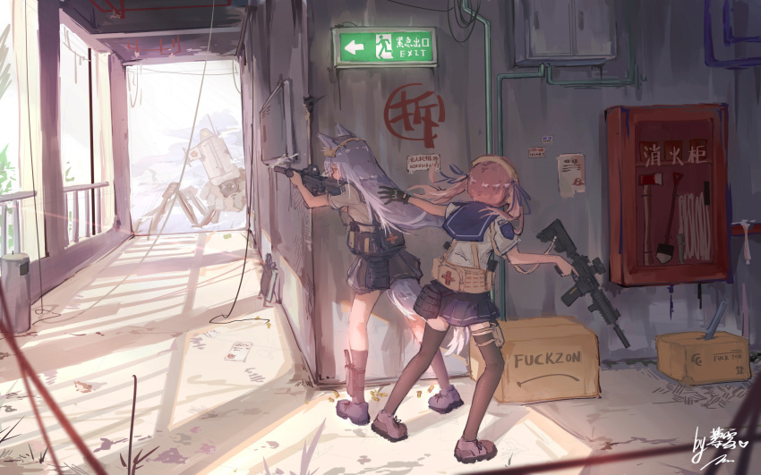 2girls aiming animal_ears assault_rifle belt_pouch black_legwear bow commentary_request emergency_exit exit_sign from_behind full_body gun hair_bow hair_ribbon highres liwendala long_hair multiple_girls original pink_hair pleated_skirt pouch ribbon rifle robot scenery school_uniform serafuku silver_hair skirt tail thigh-highs trigger_discipline twintails weapon wolf_ears wolf_girl wolf_tail zettai_ryouiki