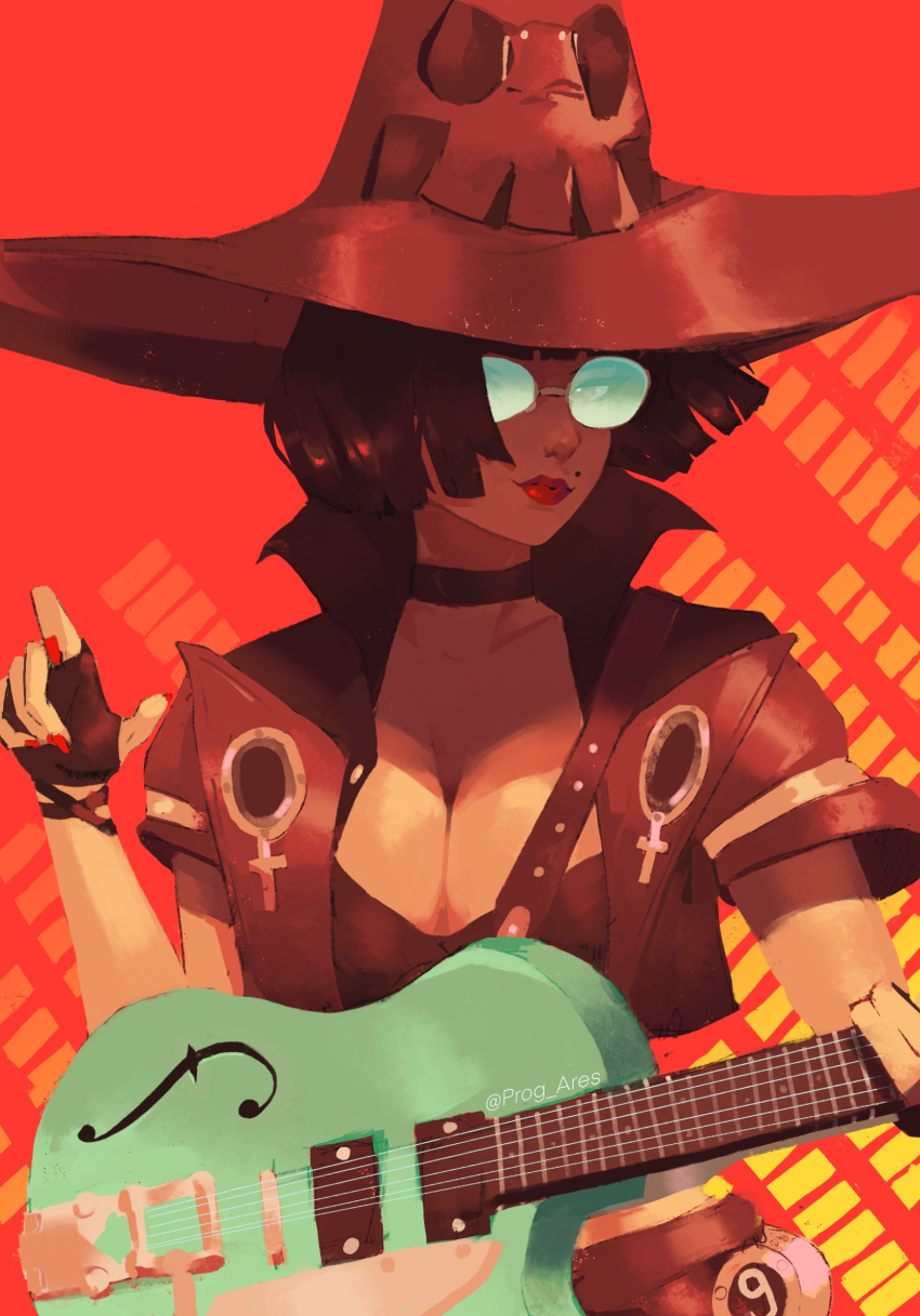 1girl black_hair choker electric_guitar fingerless_gloves gloves guilty_gear guilty_gear_strive guitar hat highres i-no instrument jacket prog_ares red_headwear red_jacket red_lips short_hair sunglasses tinted_eyewear venus_symbol witch_hat