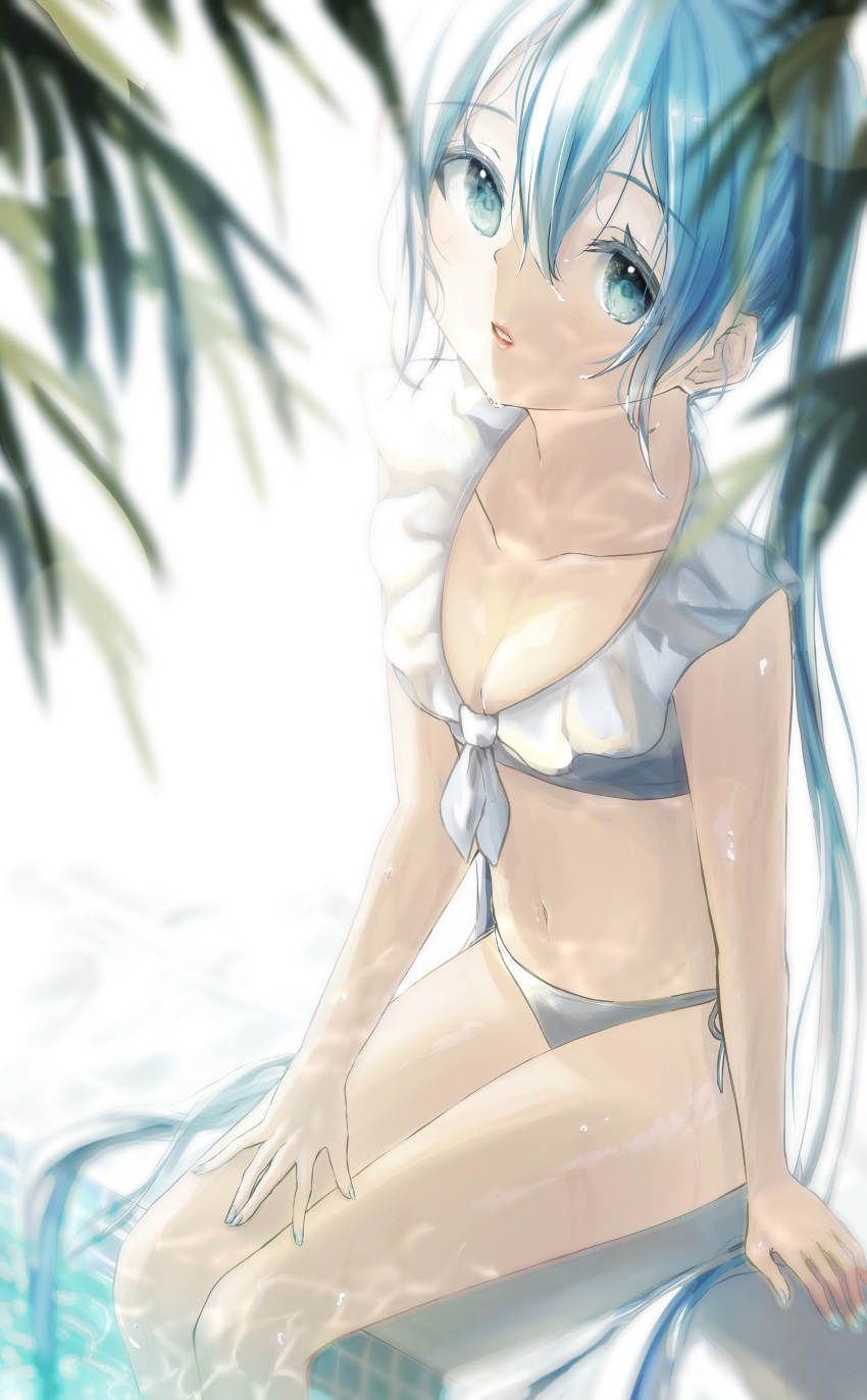 1girl absurdres aqua_eyes aqua_hair aqua_nails collarbone collared_bikini commentary flat_chest from_above front-tie_top hand_on_own_thigh hatsune_miku highres huge_filesize lips long_hair looking_at_viewer nail_polish palm_leaf parted_lips poolside potate soaking_feet solo swimsuit twintails very_long_hair vocaloid
