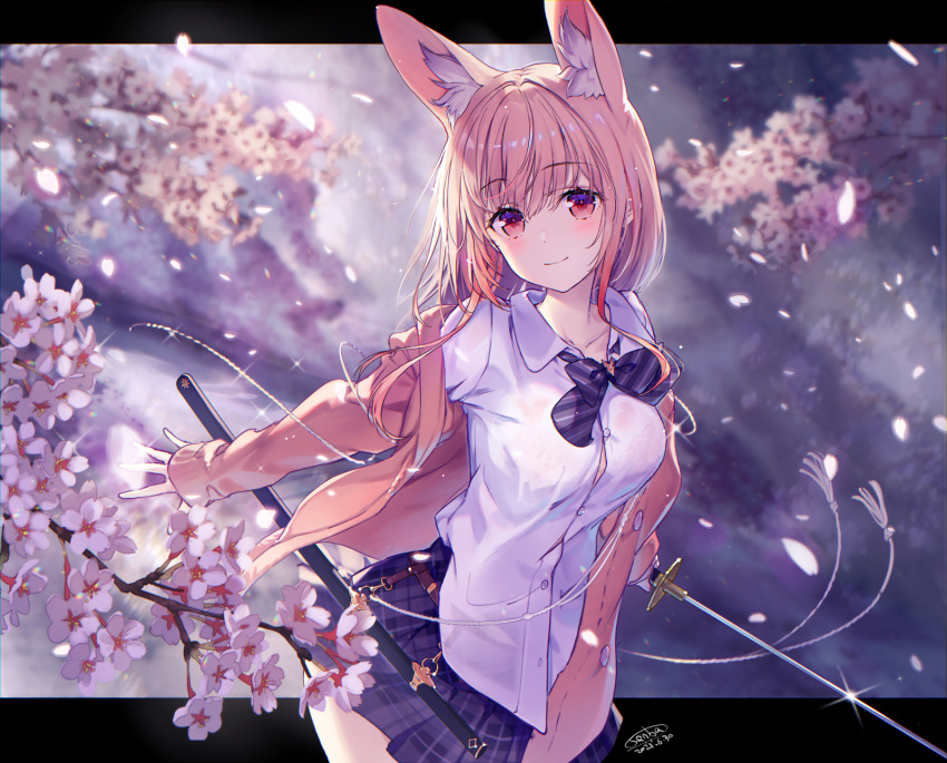 1girl animal_ear_fluff animal_ears bangs blurry blurry_background blush bow bowtie breasts cardigan cherry_blossoms closed_mouth collared_shirt commentary_request cowboy_shot dated dress_shirt eyebrows_visible_through_hair fox_ears hair_between_eyes highres holding holding_sword holding_weapon katana large_breasts letterboxed long_hair long_sleeves looking_at_viewer miniskirt open_cardigan open_clothes original outside_border petals pink_cardigan pink_eyes pink_hair plaid plaid_skirt purple_bow purple_neckwear purple_skirt sanbasou school_uniform sheath shirt signature skirt smile solo striped striped_bow striped_neckwear sword weapon white_shirt