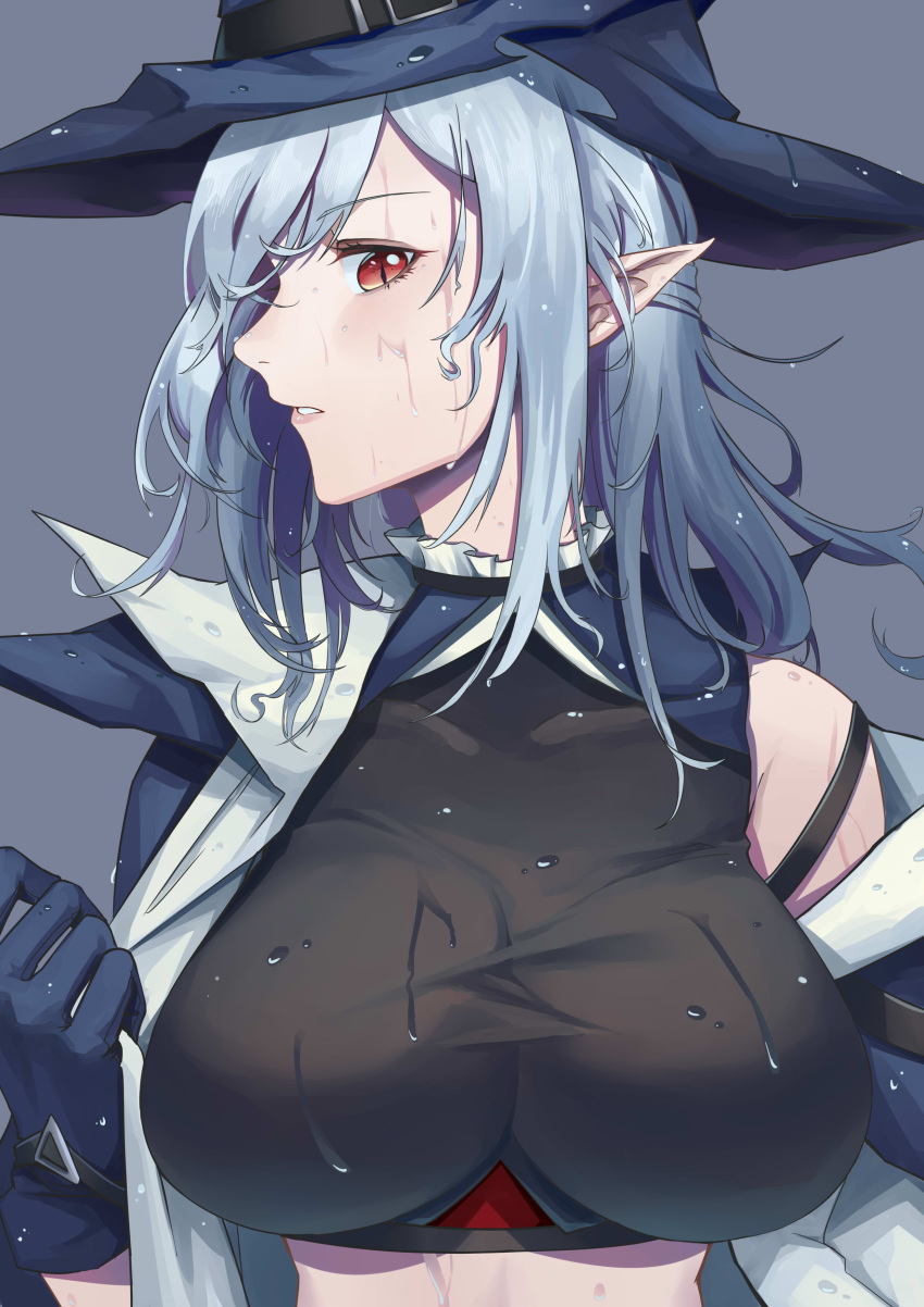 1girl absurdres arknights black_coat black_headwear black_shirt breasts chinese_commentary coat commentary_request crop_top cy9 gladiia_(arknights) gothic hat high_collar highres large_breasts looking_at_viewer parted_lips pointy_ears pointy_hat red_eyes shirt silver_hair simple_background undressing upper_body wet wet_clothes