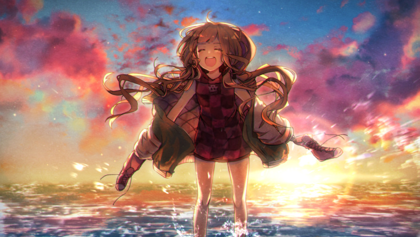 1girl ahoge bangs blonde_hair blunt_bangs blush closed_eyes hair_ribbon happy holding holding_shoes hood hood_down in_water jacket kyashii_(a3yu9mi) little_red_riding_hood_(sinoalice) looking_at_viewer low_twintails reality_arc_(sinoalice) ribbon shoes sinoalice sky solo splashing star_(sky) sunset twintails wavy_hair