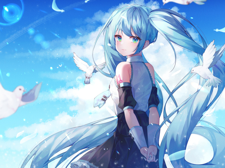 1girl adapted_costume aqua_eyes aqua_hair aqua_nails aqua_neckwear arms_behind_back bare_shoulders bird black_skirt black_sleeves blue_sky clouds commentary cowboy_shot detached_sleeves feathers frilled_skirt frills from_behind grey_shirt hands_together hatsune_miku highres hyunnim01 lens_flare long_hair looking_at_viewer looking_back miniskirt nail_polish necktie pleated_skirt shirt short_sleeves shoulder_tattoo skirt sky sleeveless sleeveless_shirt solo tattoo twintails very_long_hair vocaloid white_bird wrist_cuffs