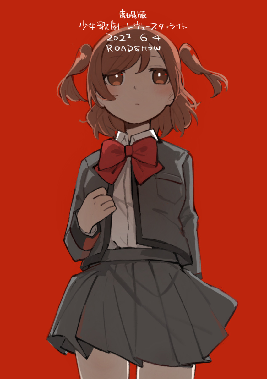 1girl absurdres aijou_karen bow bowtie breast_pocket brown_eyes brown_hair closed_mouth collared_shirt commentary cowboy_shot english_text eyebrows_visible_through_hair goe_(g-o-e) grey_jacket grey_skirt hand_up highres jacket long_sleeves pleated_skirt pocket red_background red_neckwear school_uniform seishou_music_academy_uniform shirt shirt_tucked_in short_hair shoujo_kageki_revue_starlight simple_background skirt solo translated two_side_up white_shirt