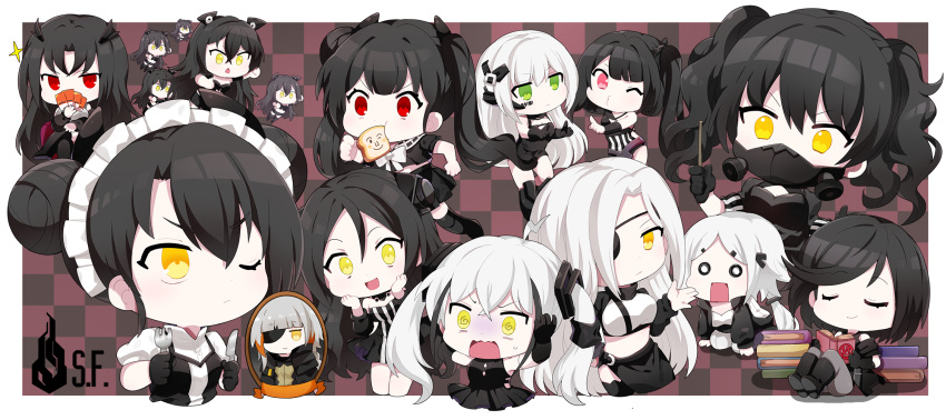 6+girls agent_(girls_frontline) alchemist_(girls_frontline) android architect_(girls_frontline) black_hair chibi closed_eyes destroyer_(girls_frontline) dreamer_(girls_frontline) executioner_(girls_frontline) eyepatch gager_(girls_frontline) girls_frontline green_eyes highres hunter_(girls_frontline) intruder_(girls_frontline) jin2 judge_(girls_frontline) m16a1_(girls_frontline)_(boss) multiple_girls one_eye_closed ouroboros_(girls_frontline) pale_skin red_eyes sangvis_ferri scarecrow_(girls_frontline) white_hair yellow_eyes