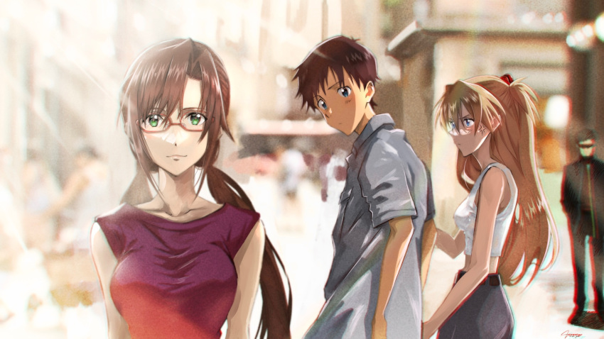 1boy 2boys 2girls aigami_kaon aigami_shion anger_vein artist_name bangs black_skirt blue_eyes blurry blurry_background breasts brown_hair closed_mouth collared_shirt commentary crop_top day depth_of_field distracted_boyfriend_(meme) dress father_and_son frown glasses green_eyes grey_shirt hair_ribbon highres ikari_gendou ikari_shinji interface_headset large_breasts long_hair looking_at_another looking_back low_twintails makinami_mari_illustrious midriff multiple_boys multiple_girls neon_genesis_evangelion orange_hair outdoors purple_dress rebuild_of_evangelion red-framed_eyewear red_ribbon ribbon shirt short_hair short_sleeves signature skirt sleeveless sleeveless_dress souryuu_asuka_langley standing sunlight twintails two_side_up verse white_shirt