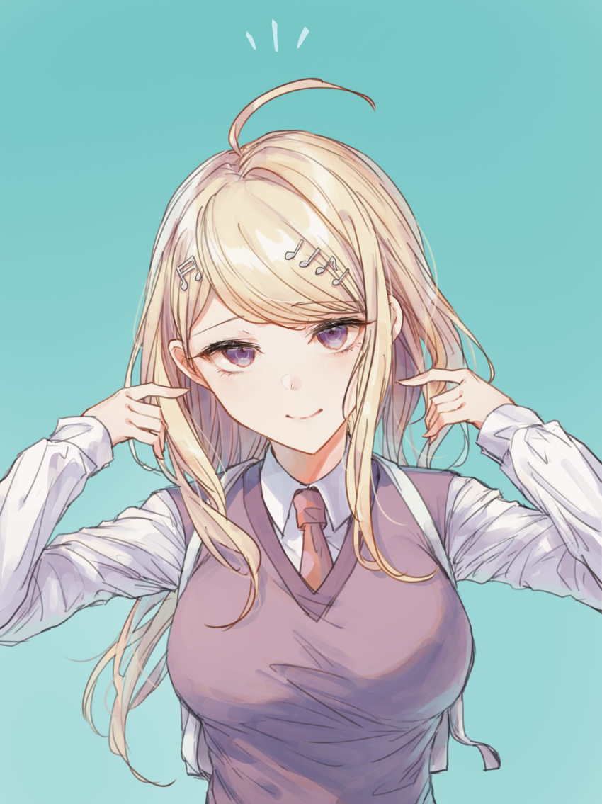 1girl ahoge akamatsu_kaede backpack bag bangs blonde_hair breasts closed_mouth collared_shirt dangan_ronpa_(series) dangan_ronpa_v3:_killing_harmony eighth_note eyebrows_visible_through_hair goto_(sep) gradient gradient_background green_background hair_ornament hands_up highres large_breasts long_hair long_sleeves looking_at_viewer musical_note musical_note_hair_ornament necktie notice_lines shiny shiny_hair shirt smile solo sweater_vest upper_body white_bag white_shirt