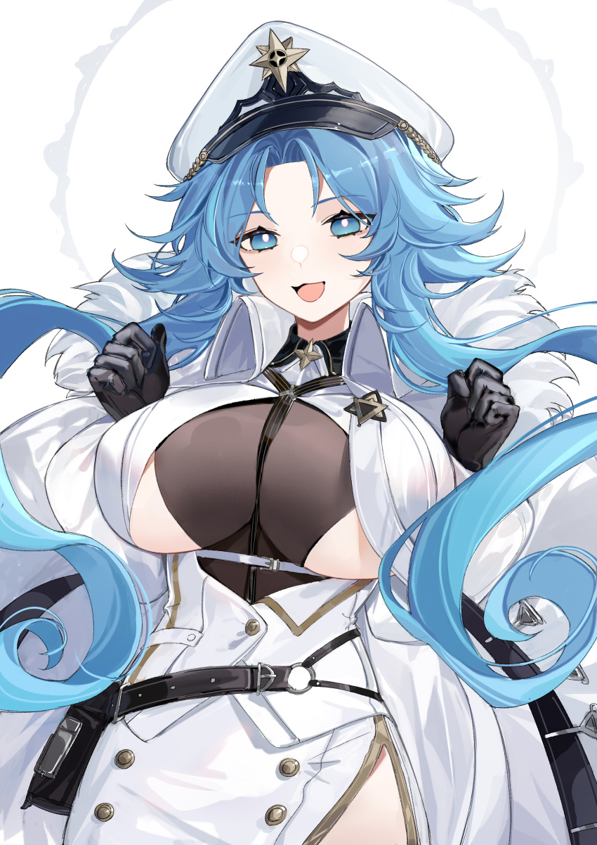 1girl :d absurdres azur_lane bangs belt belt_pouch black_belt black_gloves black_neckwear blue_eyes blue_hair bodystocking breasts clenched_hands coat coat_dress coat_on_shoulders commentary cowboy_shot dress eyebrows_visible_through_hair floating_hair fur-trimmed_coat fur_trim gloves hands_up hat highres large_breasts long_hair looking_at_viewer neckwear_between_breasts open_mouth parted_bangs pouch shibuya_(kurokamishain) side_cutout sidelocks simple_background smile solo sovetskaya_belorussiya_(azur_lane) standing under_boob underbust very_long_hair white_background white_coat white_dress white_headwear