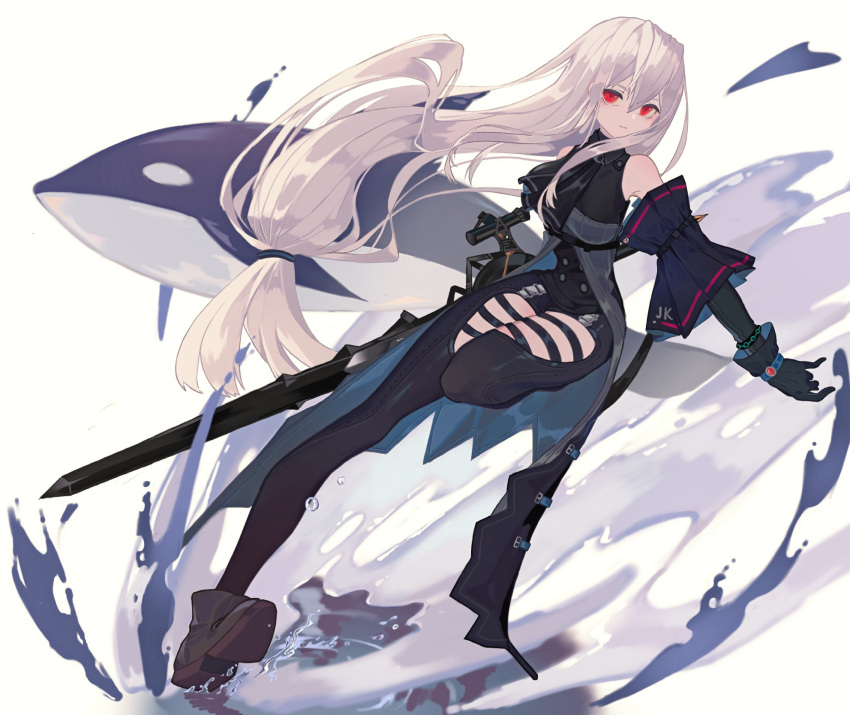 1girl arknights ascot bare_shoulders black_gloves black_neckwear black_pants boots breasts brown_footwear clothing_cutout cookie_(ppyf5328) elite_ii_(arknights) full_body gloves highres holding holding_sword holding_weapon infection_monitor_(arknights) leg_up long_hair looking_at_viewer low-tied_long_hair medium_breasts no_hat no_headwear orca pants red_eyes silver_hair skadi_(arknights) solo standing standing_on_one_leg sword thigh_cutout thigh_strap very_long_hair weapon white_background