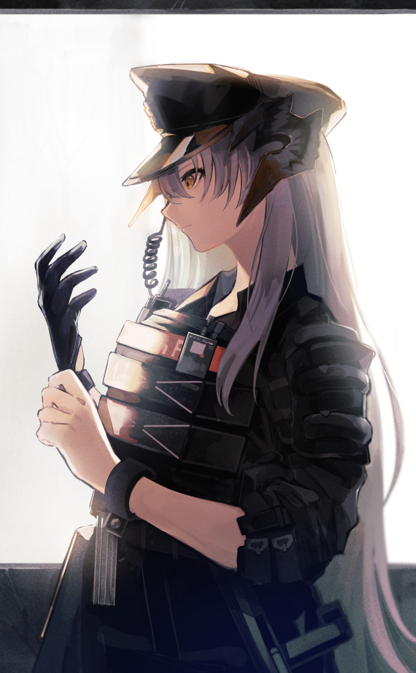 1girl adjusting_clothes adjusting_gloves arknights bangs black_headwear breasts commentary_request dragon_girl dragon_horns expressionless eyebrows_visible_through_hair facing_to_the_side from_side gloves hat highres horns long_hair looking_afar medium_breasts official_alternate_costume orange_eyes plate_carrier police police_hat police_uniform profile saria_(arknights) saria_(the_law)_(arknights) shimasato silver_hair simple_background single_glove sitting sleeves_rolled_up solo tactical_clothes uniform upper_body walkie-talkie white_background