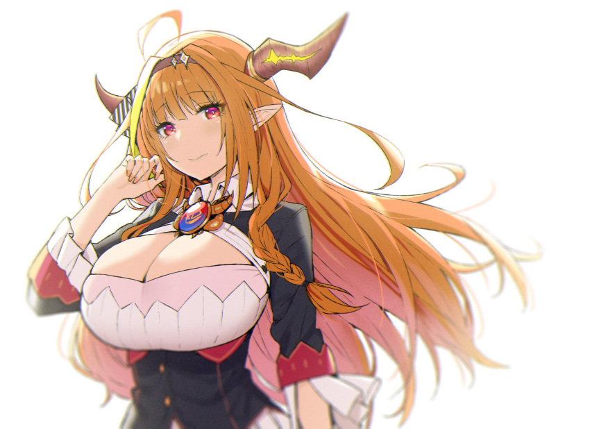 1girl ahoge backlighting bangs blunt_bangs bow braid breasts cleavage_cutout clothing_cutout commentary diagonal-striped_bow dragon_horns eyebrows_visible_through_hair fang fang_out hairband highres hololive horn_bow horns huge_breasts kiryu_coco long_hair looking_at_viewer orange_hair orange_nails pointy_ears red_eyes side_braid simple_background skin_fang sky-freedom smile solo virtual_youtuber white_background
