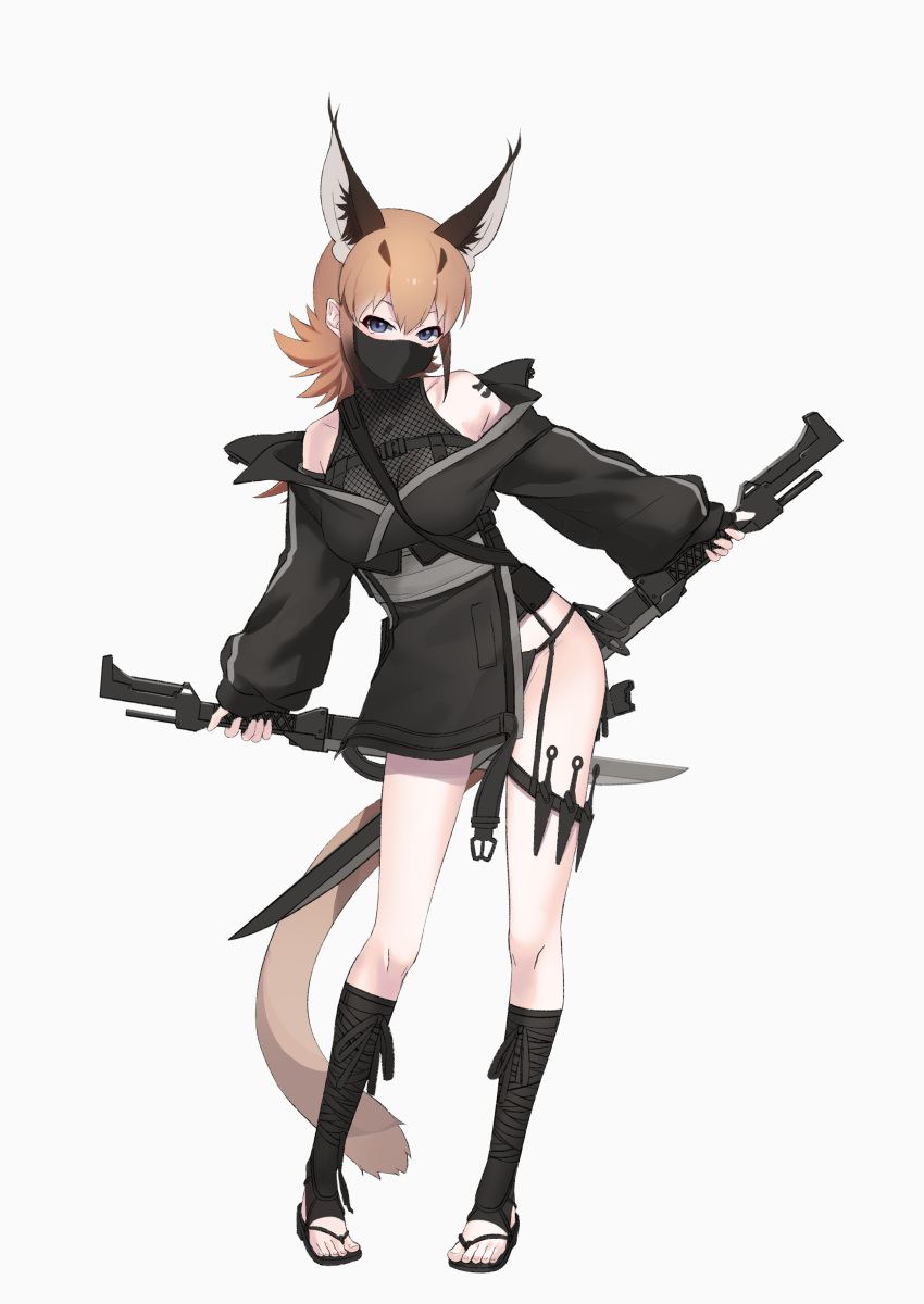 1girl absurdres alternate_costume animal_ear_fluff ankle_wrap bangs bare_shoulders blue_eyes breasts caracal_(kemono_friends) caracal_ears covered_mouth deku_suke dual_wielding extra_ears fingerless_gloves full_body gloves hair_between_eyes highres holding kemono_friends kunai long_hair long_sleeves looking_at_viewer looking_to_the_side mask medium_breasts mouth_mask orange_hair pigeon-toed puffy_long_sleeves puffy_sleeves sandals simple_background smile solo standing sword tail thigh_strap toeless_legwear weapon white_background