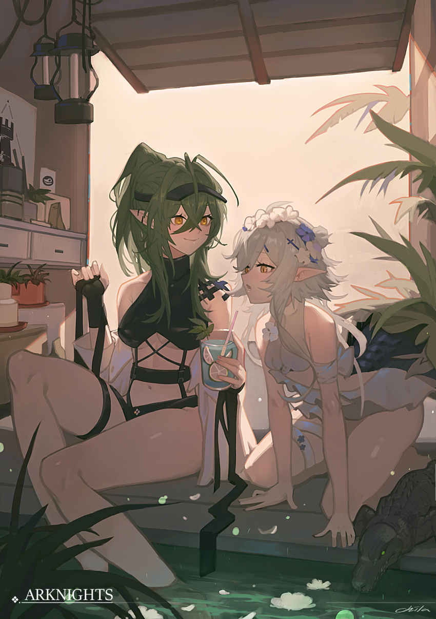 2girls absurdres ahoge animal arknights arm_support bare_shoulders black_gloves black_swimsuit breasts chilakkk chinese_commentary commentary copyright_name crocodilian crocodilian_tail cup drinking_straw fingerless_gloves flower gavial_(arknights) glass gloves green_hair hair_between_eyes hair_flower hair_ornament head_wreath highres holding holding_cup kneeling lantern leaning_forward long_hair medium_breasts midriff multiple_girls navel open_mouth plant pointy_ears ponytail purple_flower short_hair small_breasts soaking_feet swimsuit tagme tail thigh_strap tomimi_(arknights) visor_cap water white_flower white_hair white_swimsuit yellow_eyes