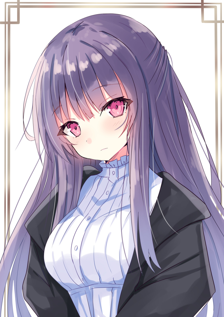 1girl bangs black_jacket blush breasts closed_mouth commentary_request dress eyebrows_visible_through_hair fern_(sousou_no_frieren) half_updo head_tilt highres hizaka jacket long_hair looking_at_viewer medium_breasts purple_hair red_eyes solo sousou_no_frieren upper_body very_long_hair white_background white_dress